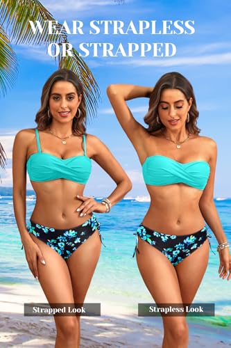 Image of Tempt Me Women Strapless Bandeau Bikini Set Twist Front Two Piece Swimsuit | Detachable Shoulder Straps, Molded Cup Design, Anti-slip Strips, Side Tie Bikini Bottom, Low Rise Fit