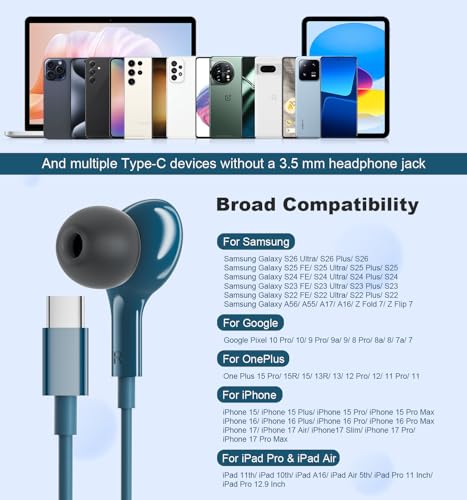USB C Headphones for iPhone 15 Plus 16 Pro 17 Pro Max Pixel Redmi Magnetic