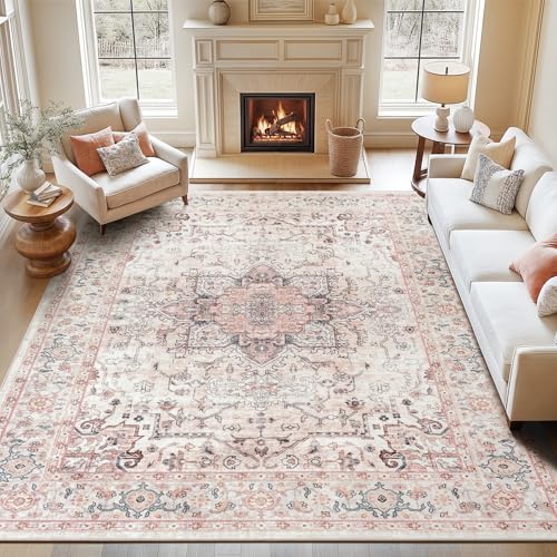 Lofus 8x10 Area Rugs for Living Room, Washable Area Rug, Rugs for Bedroom, Kitchen, Vintage Boho Carpet, Soft Non-Slip, Low Pile Large Area Rug for Office Dining Room, Pink