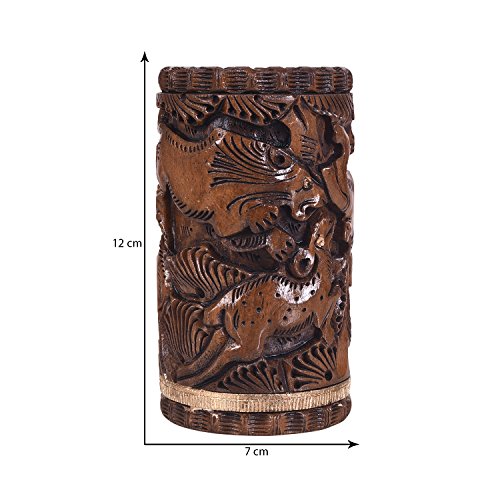 Image of Craft Trade 12x7 Cm Round Hand Carved Wooden Pencil Holder Animal Print - Dark Brown