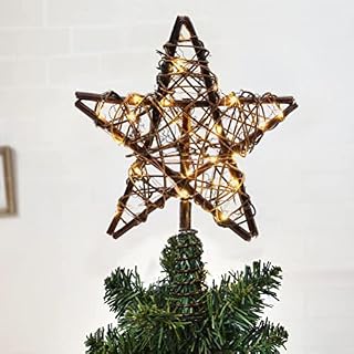 Rustic Christmas Tree Topper Star,Rattan Natural Christmas Tree Decorations Star Glittered Christmas Tree Star with 20 LED Lights,Xmas Decorations Star Ornaments for Home Xmas Decor(25.5x31cm)