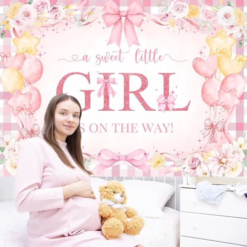 Fondo para baby shower rosa con lazo 5x3ft miniatura 3