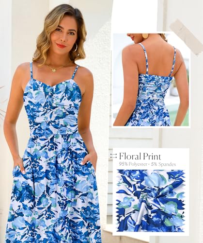 Image of Annebouti Women 2026 Summer Spring Ruched Maxi Dress Adjustable Spaghetti Strap Floral Beach Long Sundress with Pockets