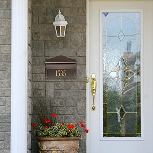 Whitehall Custom Wall Mount Mailbox Package - Mail Box With House Number Address Plaque, Sand Cast Aluminum, Classic Design Bronze Personalized In Goldtone #TOP5