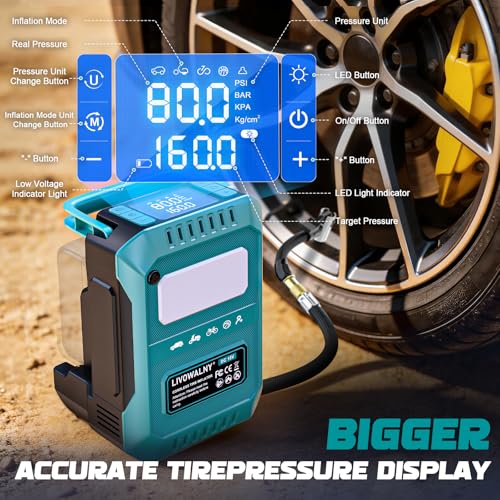 Image of LIVOWALNY 5X Faster Tire Inflator Air Compressor, 160PSI Cordless Air Pump Compatible with Makita 18V Battery with Digital Pressure Gauge, Deflator & Auto Shut-Off for Car, Motorcycle (Tool Only)