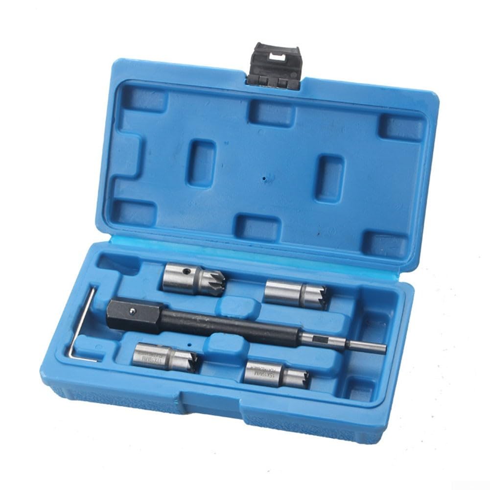 Besttoolifes Kit de herramientas de corte de asiento de inyector diésel de 5 piezas, limpiador de corte de carbono con llave hexagonal de escariador en ángulo plano para la mayoría de los coches