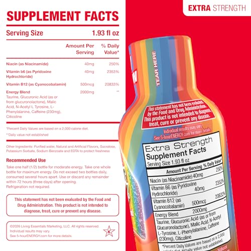 Image of 5-hour ENERGY FRUITY RAINBOW Flavor, 30 Count, Extra Strength Energy Shot | 1.93 Fl Oz, Amino Acids, B Vitamins, Sugar Free and Zero Calories