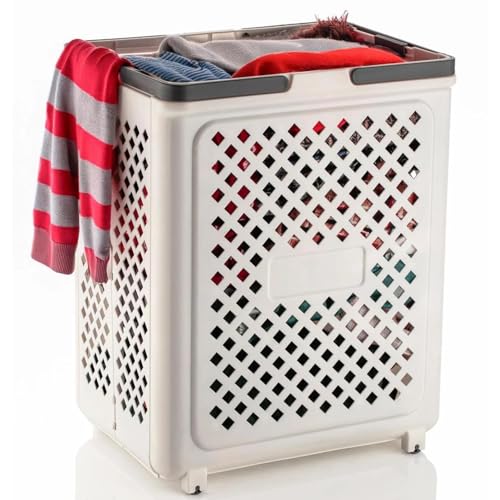 Image of Large Foldable Laundry Basket with Wheels | White Plastic Rolling Laundry Hamper | Ventilated Airflow Design | Space Saving Collapsible Storage Basket with Handles | 47 x 37 x 8 cm