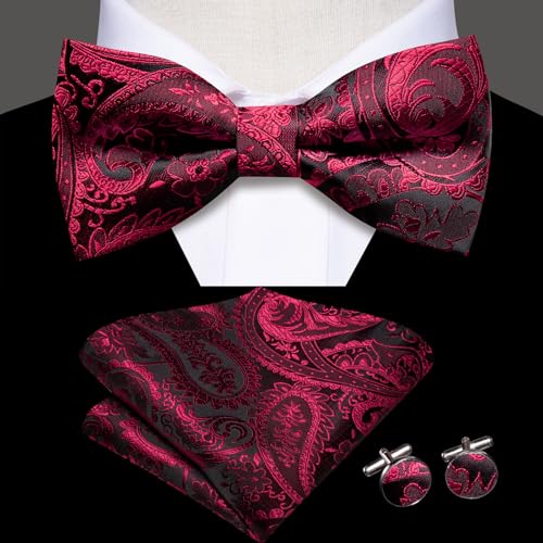 Image of Hi-Tie Bow Tie Men Pre Tied Bowtie Pocket Square Cufflinks Lapel Pin Formal Wedding Bow Ties for Men Party Tuxedo Bowtie Set,Black Red Paisley Floral