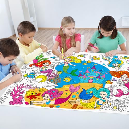 Image of Tevxj Mermaid Coloring Poster for Kids Giant Coloring Poster Summer Party Decoration Games Coloring Tablecloth Books Huge Large Pages Sheets Paper Roll for Craft Activity Classroom Supplies