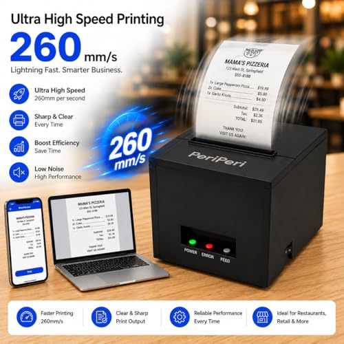 Image of PeriPeri 80mm Thermal Receipt Printer 260mm /s High Speed Printing, Inkless POS Billing Printer with Auto Cutter & Beeper USB for Android, Windows & Mac 3-Inch Desktop Receipt Printer 1 Year Warranty