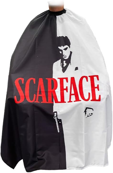 Scarface Professional Barber Cape, Black and White with Red Logo, Polyester, Sleeveless Hair Cutting Cape with Hook and Loop Closure