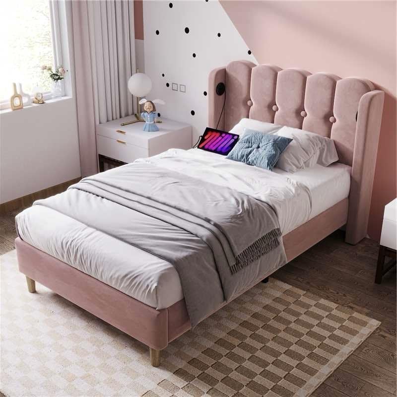 BTM Upholstered Single Bed with USB and Type-C Charging, 3ft-90x190cm Single Bed Frame with Wooden Slatted Frame for Teenagers and Kids, Pink Velvet(No Mattress)