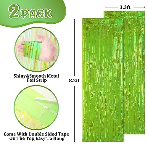 Image of Voircoloria 2 Pack 3.3x8.2 Feet Neon Green Foil Fringe Backdrop Curtains,Tinsel Streamers Birthday Party Decorations,Fringe Backdrop for Margaritas Themed Party Decorations,Baby Shower,Disco Party