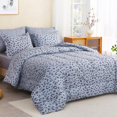 Image of lasoftan Leopard Queen Comforter Set with Sheets, 7 piece Luxury Vintage Bedding, Soft Microfiber Bed in a Bag, Cozy Lightweight Bed Set, Grey Cheetah Print