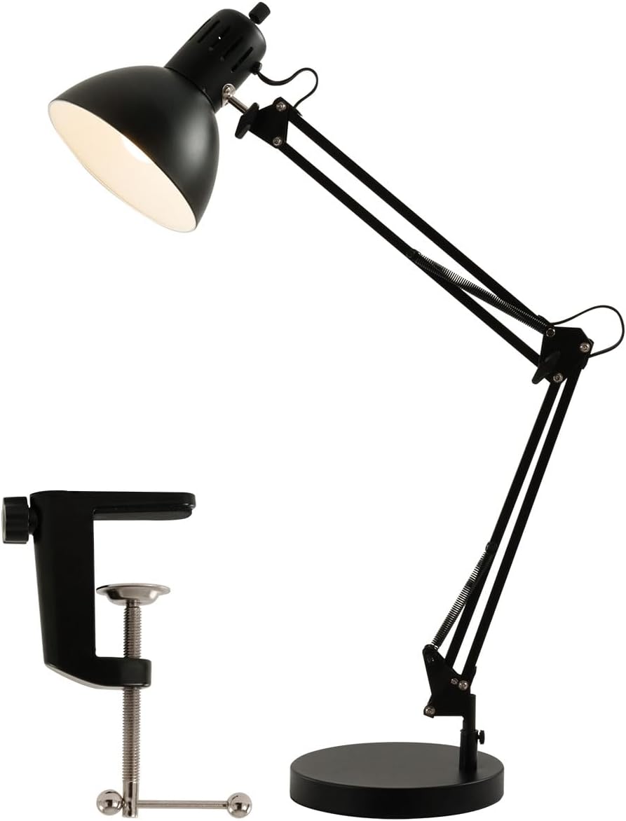 Bon Furniture Desk Light, Stand, Clamp Type, Base, 2-Way Table Light, LED E26, Arm Light, Shade, Angle Adjustment, Reading Light, Black