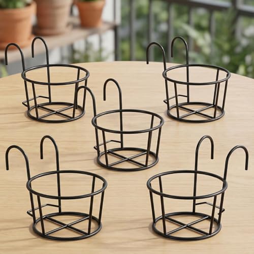 Image of ecofynd 5 Pack Round Metal Hanging Flower Pot Stand For Railing planters, Gamla stand Pot Holder for Balcony decoration items outdoor, Plant stands for balcony, Flower pot stand indoor (Black, PS028)