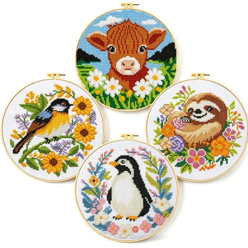 Image of Zhenging Animal Cross Stitch Kit - 4 Pre-Printed Designs (Sloth, Bird, Penguin, Calf) with 11CT 9.45x9.45 Inch Fabric, Hoop, Scissors, Threader & Tools for Beginners & Adults