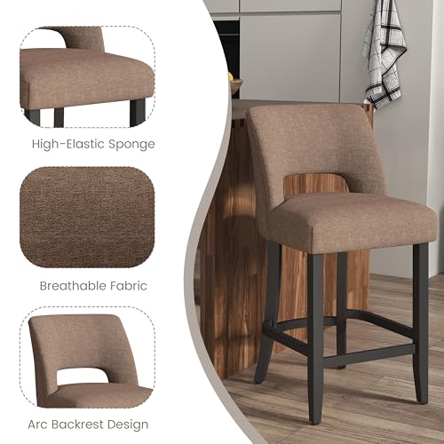 Image of VKNOW Bar Stools Set of 2, 26 inch Upholstered Counter Height Bar Stools, Modern Counter Stools with Black Legs for Kitchen Island Dining Room Bar, Brown-Black Legs