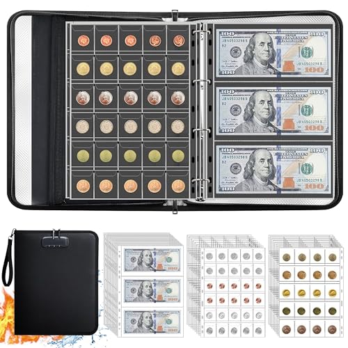 GerdfeiTawtab Coin Collection Book, Lockable Waterproof Fireproof Coin Album with Double-Sided Clear Pages, Currency Storage Book Collector Numismatic Storage Gift for Man