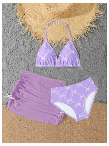 Image of RoseSeek Girl's 3 Piece Cute Bowknot Bathing Suit Halter Triangle High Waisted Swimsuit with Beach Cover Up Skirt