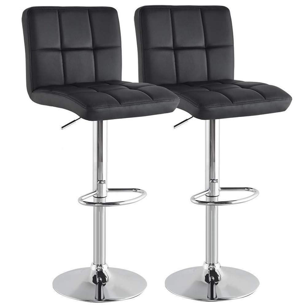BAKAJI Set 2 Sgabelli Alto da Bar Cucina Seduta e Schienale in Ecopelle Eco Pelle Sgabello Base in Metallo Cromato con Poggiapiedi Altezza Regolabile Design Moderno (Nero)