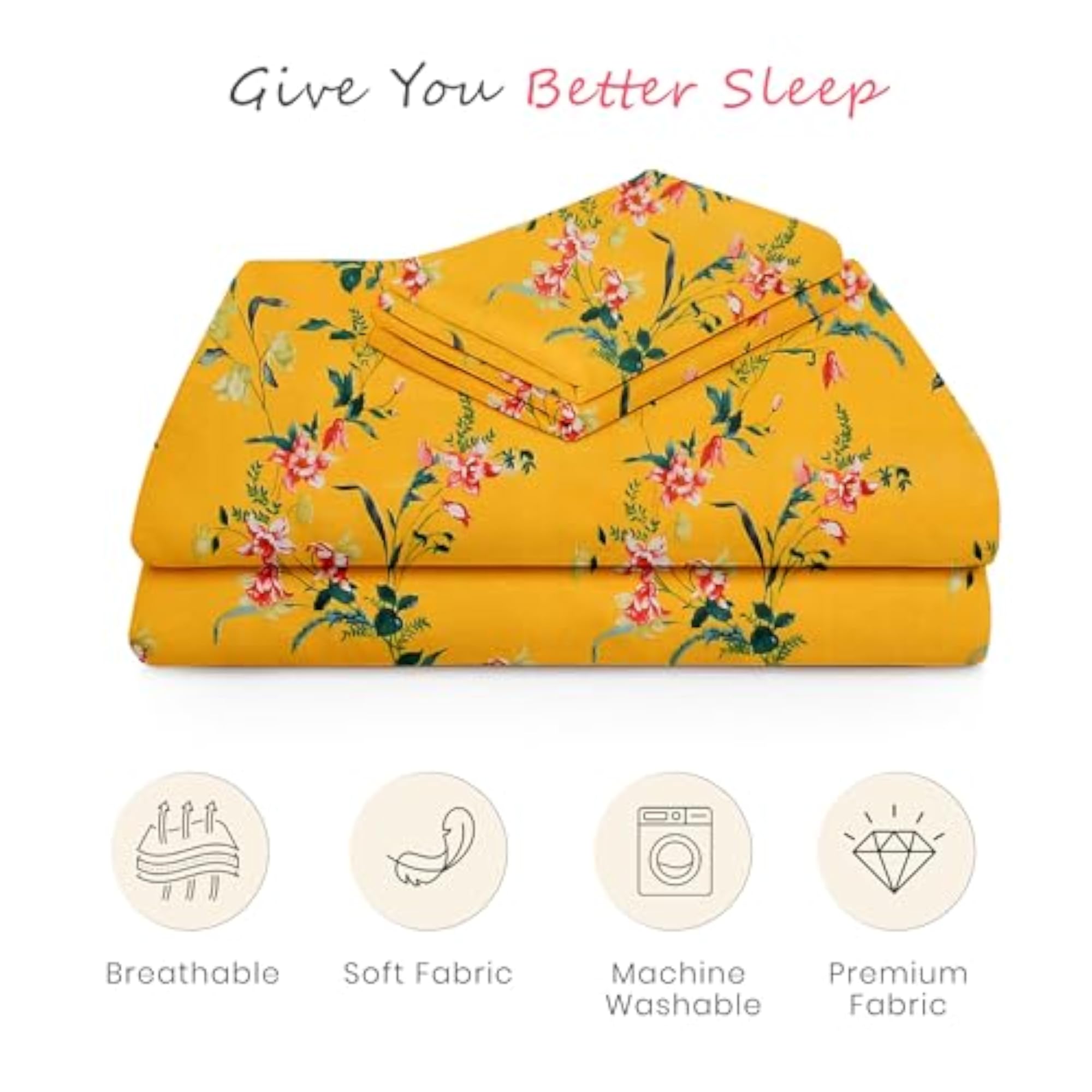 Floral Print Glace Cotton Bedsheet Set with 2 Pillow Covers