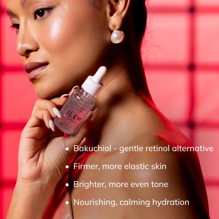 Image of ILEM JAPAN Renewal Serum 30ml | Bakuchiol Japanese Night Serum with Argireline & Peptides for Firmness, Elasticity and Sensitive Skin | Retinol Alternative for Fine Lines & Wrinkles | Vitamin C for Even Skin Tone, Rice Ferment + Hydration | Shea Butter, Skin Barrier