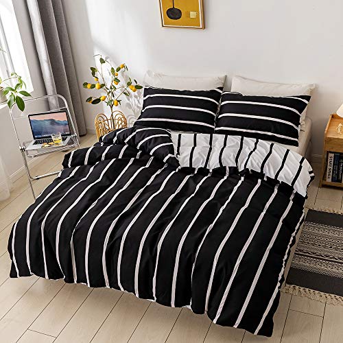 OPOWWEE Bettwäsche Set 135x200cm Weiß schwarz Streifen Bettbezug 100% Weiche Angenehme Mikrofaser + 1 Kissenbezug 80x80 cm