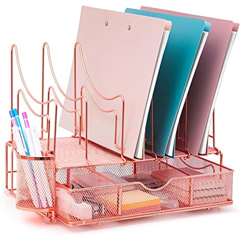 ARCOBIS Rose Gold Desk File Organizer for Women, Desk Organizers and Accessories with Pen Holder & Sliding Drawer & Vertical File Folder Sorters, Cute Desktop File Holder for Office Supplies Cover