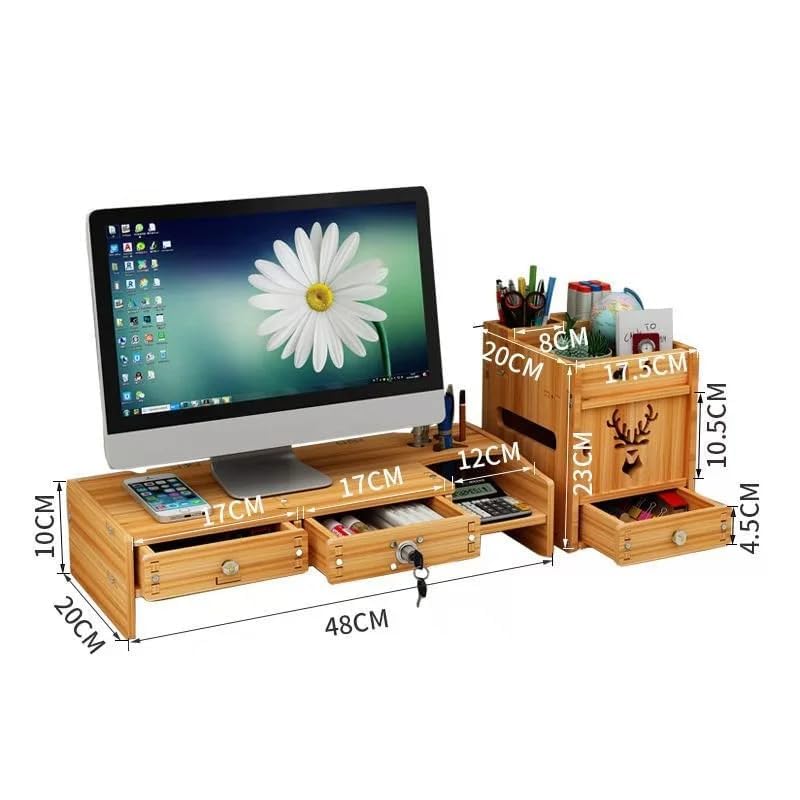 Image of VBM Monitor Riser Stand Bamboo Computer Laptop, Printer, PC with Storage Slot Adjustable Desktop Stand For Home , Office (Monitor Stand (Lock) 7 Box Deer)