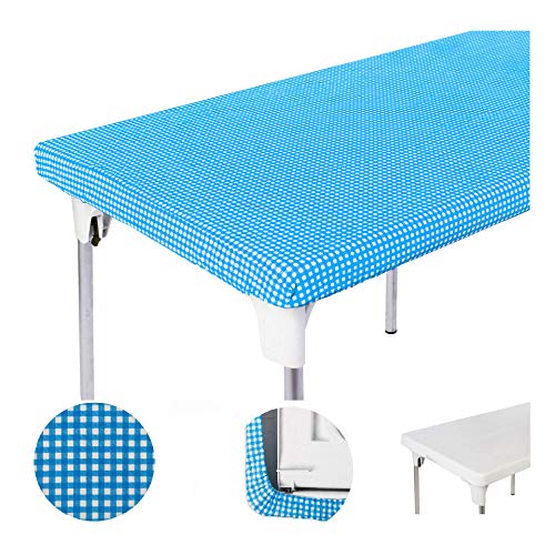 TopTableCloth Picnic Table Cover Blue Checkered Elastic Table Cloth on The Corner