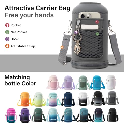 Insulated Water Bottle | Thickened Stainless Steel Vacuum Metal | Portable Sports Half Gallon Large Water Jug for Gym and Hiking with Straw, Carrier Bag, Handle Strap | BPA-Free 64 oz
