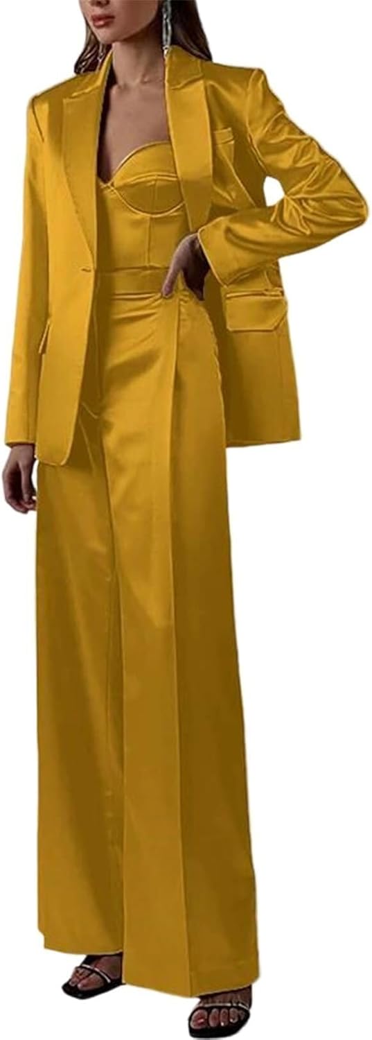 Women's 3 Pieces Satin Suits for Wedding Notch Lapel Bridesmaid Pant Suit Business Casual Prom Tuxedo Set