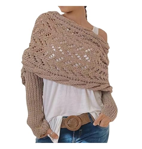 Multifunctional Scarf with Sleeves, Women Knitted Cable Wrap with Sleeves, Crochet Scarf Sweater Wrap (Khaki, One Size)