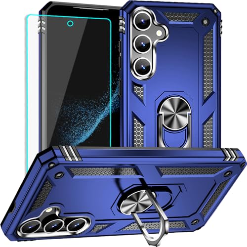 Coque Samsung S24 bleue avec protège-écran HD et anneau de support