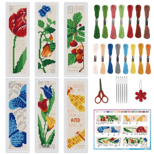 Image of INFUNLY 6PCS Flower Insects Cross Stitch Bookmark Kits Spring Rose DIY Stamped Cross Stitch Kit with Instruction Vintage Butterflies Embroidery Cross Stitch Kit for Book Lovers Readers Writers