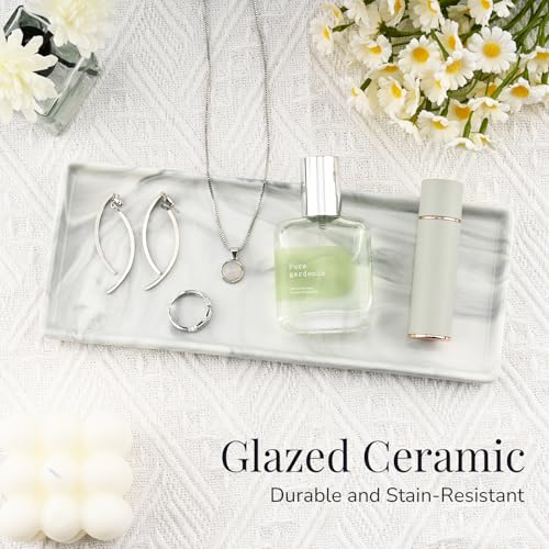YoHyien Keramik Badezimmer Tablett, Deko Tablett Länglich, Badezimmertablett Rechteckig, Ablageschale Bad für Waschbecken, Bathroom Tray, Schmuckablage für Seifenspender, Kerzen, Kosmetik (Grau)