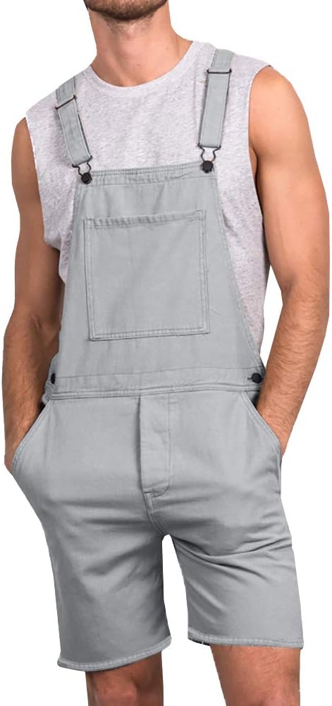 Mens Bib Overall Shorts Lightweight Casual Loose Fit Walkshort Jumpsuit Button Hole Rompers A- Grey