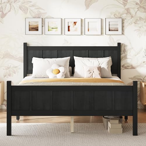 Image of Full Size Vintage Bed Frame with Headboard, Farmhouse Wooden Platform Bed with Under-Bed Storage, Minimalist Modern Wood Grain Finish Bedframe for Bedroom (Black)