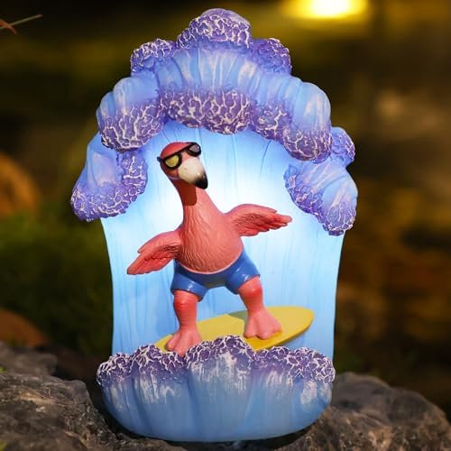 Pink Flamingos for Yard-Garden Statues Solar Decor - Surfing Hawaii Beach Yard Art Light up Sea Wave Outdoor Decor for Patio Lawn Yard