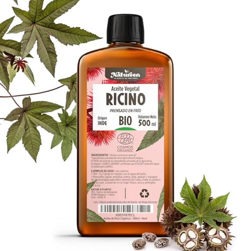 Aceite de Ricino Orgánico 500 ml   Cabello, Barba, Pestañas, Uñas   100% Puro, Natural y Prensado en Frío   Certificado Cosmos Organic