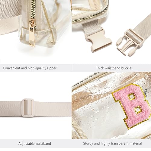 Image of FEIBOON Clear Belt Bag Initial Letter Patch Fanny Pack Stadium Approved for Women and Girl, Crossbody Bag Waist Bag for Concerts Sports Travelling Hiking Running (B)
