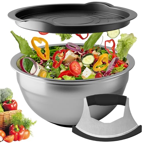 YRUWTTA Stainless Steel Salad Chopper Bowl with Lid – Mezzaluna Cutter Knife with Protective Cover,Chef-Grade Chopping Bowl for Fast & Even Salad Prep