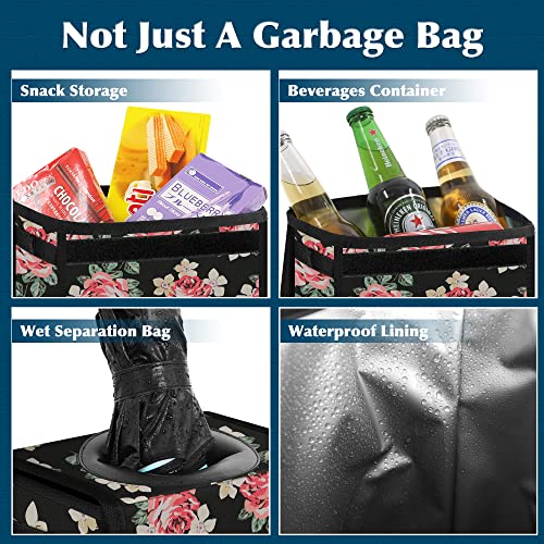 Image of Femuar Car Trash Can Leak Proof Car Trash Bag Waterproof Car Garbage Can with Lid for SUV Front Seat Multipurpose Car Hanging for Headrest Collapsible and Portable with Storage Mesh Pocket, Flower