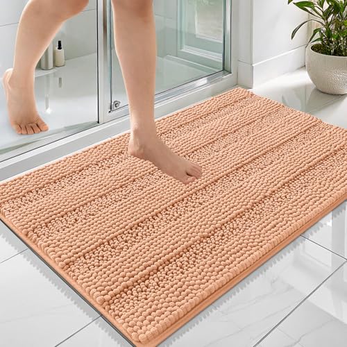 Image of OLANLY Thick Bathroom Rugs 36x24, Extra Soft Absorbent Chenille Striped Bath Rugs, Rubber Backing, Machine Wash Dry, Bath Mats for Bathroom Floor, Tub and Shower, Home Decor Accessories, Peach