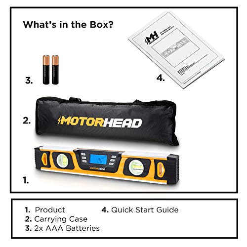 Image of MOTORHEAD 16-Inch 0 - 180 SMART DIGITAL Level, LCD Screen, Audible Alerts, Water, Dust & Shock Resistant, Magnetic Bottom, Includes Bag, High-Visibility, Solid-Milled Aluminum, USA-Based Support | Audible Alerts, Water Dust and Shock Resistant, High-Visibility, Solid-Milled Aluminum, Carrying Bag, Carpentry Masonry