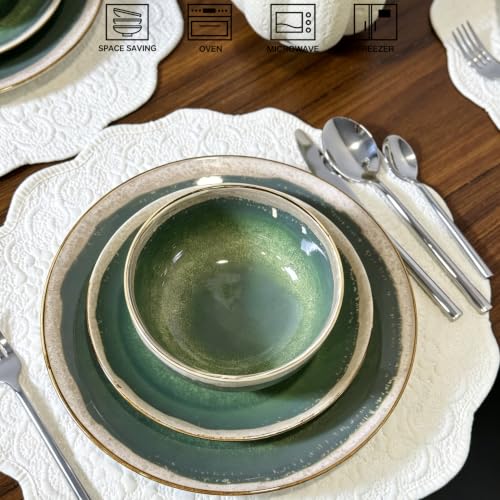 Image of Sweejar 12 Pieces Ceramic Dinnerware Sets for 4, Moss Green | Gradient Glaze Plates and Bowls Set, Microwave & Dishwasher Safe, Stackable Dish Set, Scratch Resistant Dishware Sets