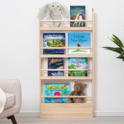 Image of SweetBin Kids Bookshelf 4-Tier - Space-Saving Behind The Door Storage Shelf - Pine Wood Thin Bookshelf 4 Shelves Wall Mounted - Suitable for Children's Books in Bedroom, Living Room and Nursery