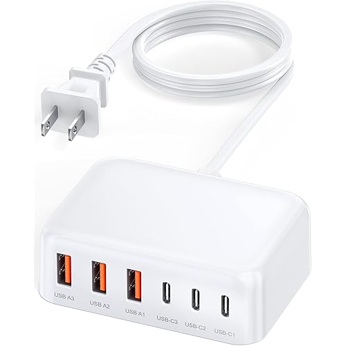 USB C Charger Block, 100W GaN 6 Port PD USB C QC USB A Wall Charger Adapter Plug Cube, Super Fast Type C Charging Station Hub for iPhone 17 16 15 14 13 Pro Max iPad Samsung Pixel 5ft Extension Cord